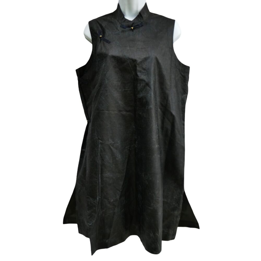 Dosa Black Embossed Organza Silk Cheongsam Dress Slanted Pankou Mandarin Collar